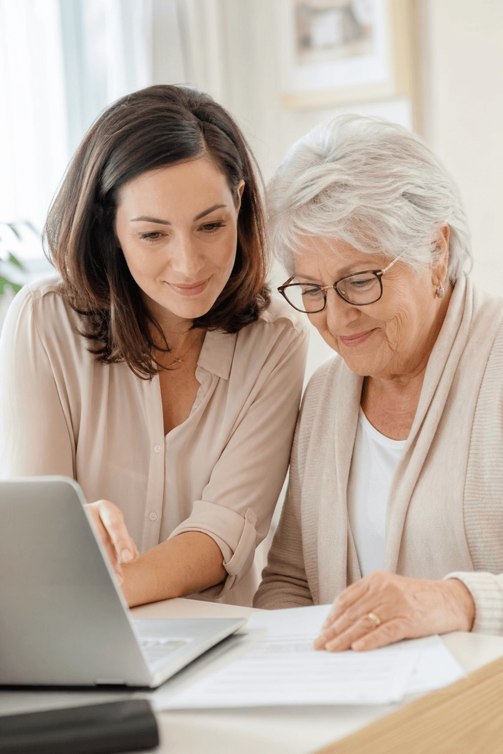A younger and older family member reviewing documents together